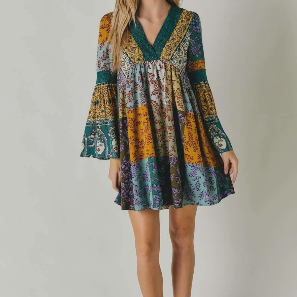 Bohemian Patchwork Dress with crochet detail NWT